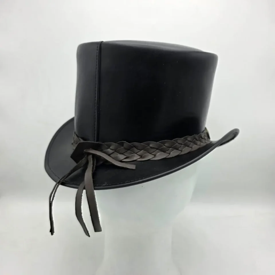 Light Neutral Handmade Leather Costume Top Hat Style 170 detail view - light neutral costume top hat with structured crown