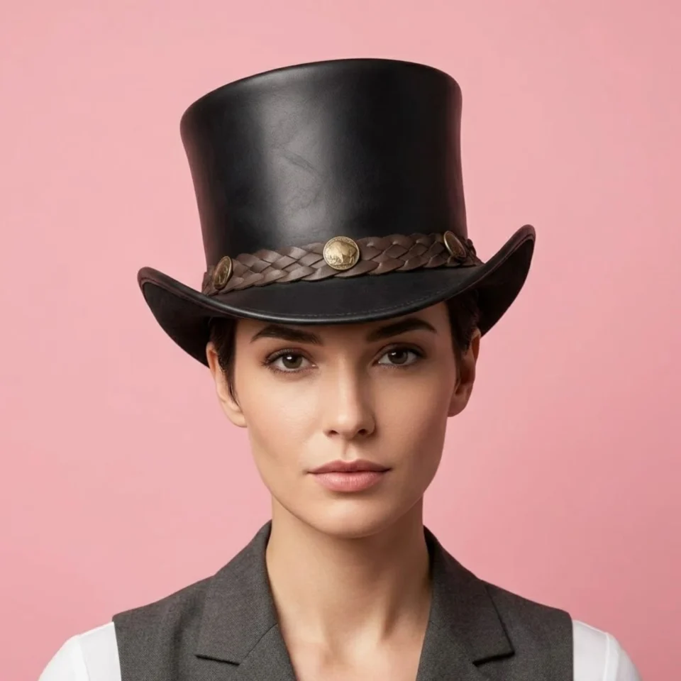 Light Neutral Handmade Leather Costume Top Hat Style 170 front view - light neutral costume top hat with structured crown