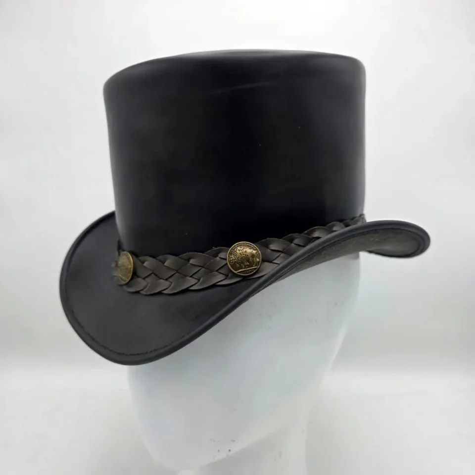 Light Neutral Handmade Leather Costume Top Hat Style 170 gallery view 05 - light neutral costume top hat with structured crown