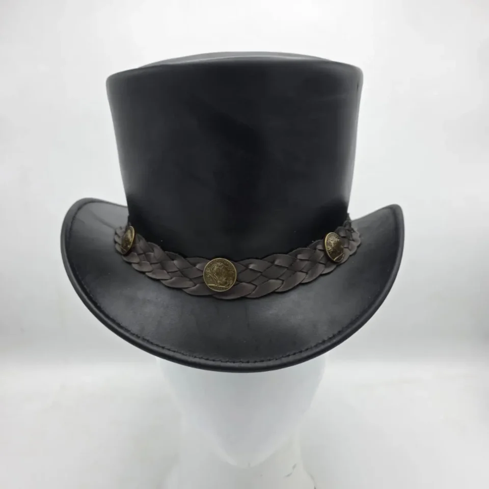 Light Neutral Handmade Leather Costume Top Hat Style 170 side view - light neutral costume top hat with structured crown