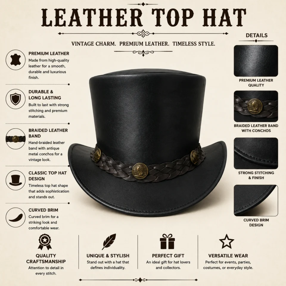 Light Neutral Handmade Leather Costume Top Hat Style 170 three quarter view - light neutral costume top hat with structured crown