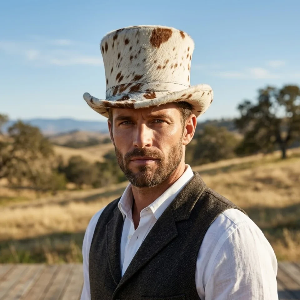 Light Neutral Handmade Leather Costume Top Hat Style 176 front view - light neutral costume top hat with structured crown