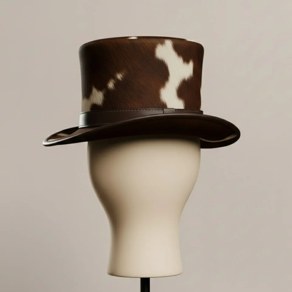 Light Neutral Handmade Leather Fashion Top Hat Style 003 front view - light neutral steampunk top hat with structured crown