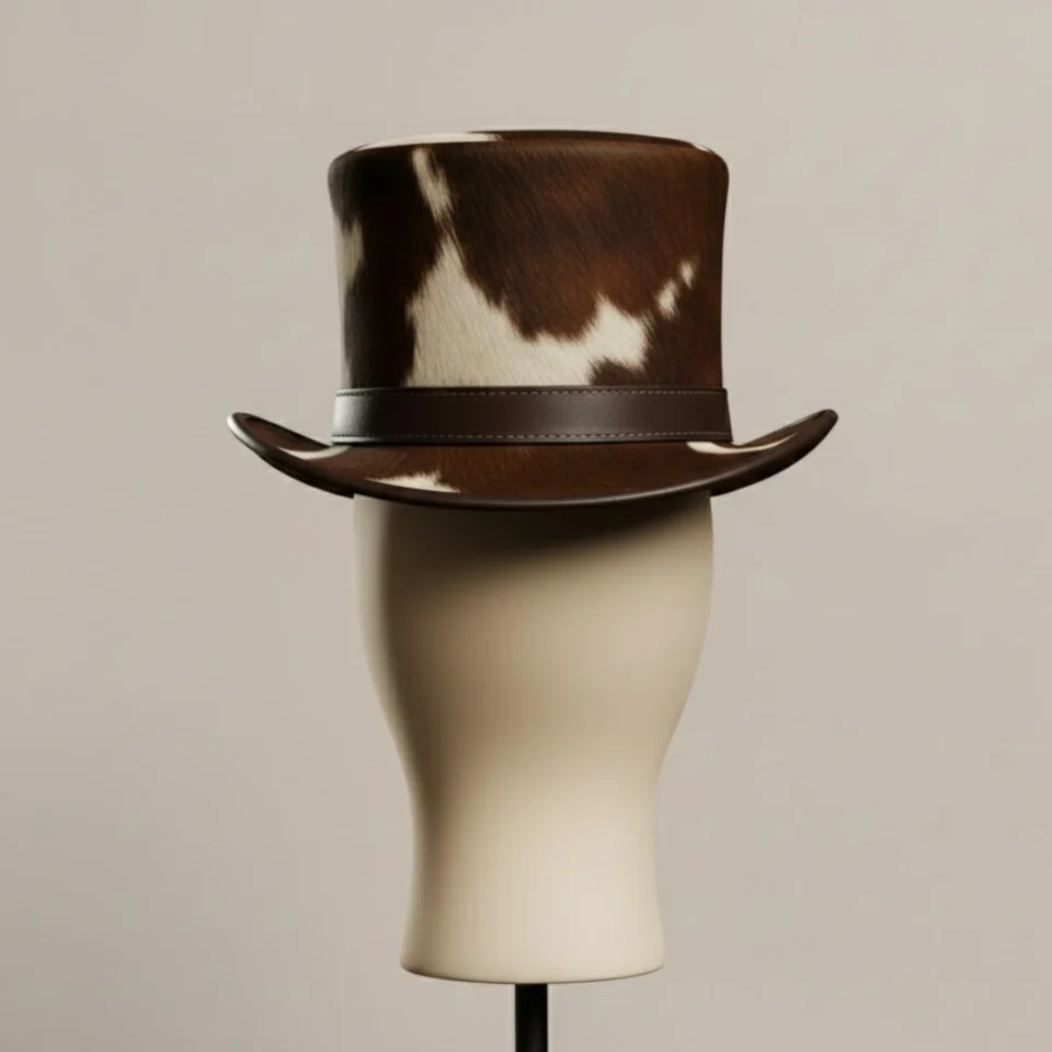 Light Neutral Handmade Leather Fashion Top Hat Style 003 side view - light neutral steampunk top hat with structured crown