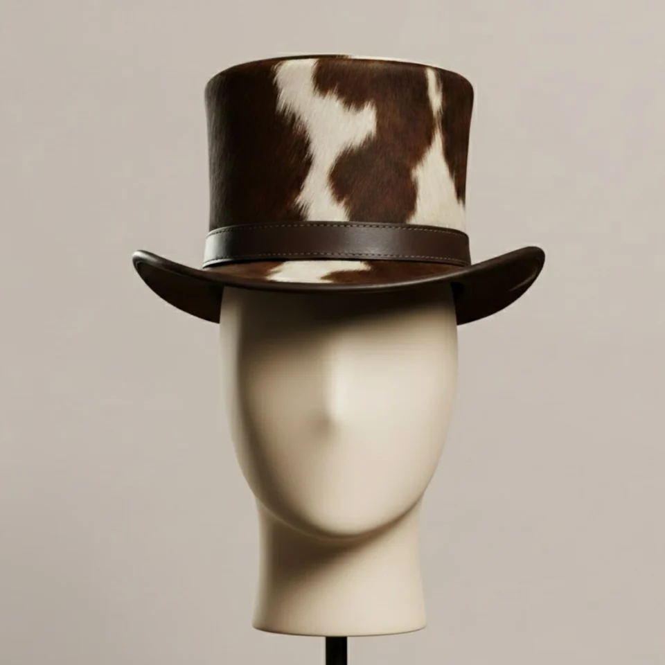 Light Neutral Handmade Leather Fashion Top Hat Style 003 three quarter view - light neutral steampunk top hat with structured crown