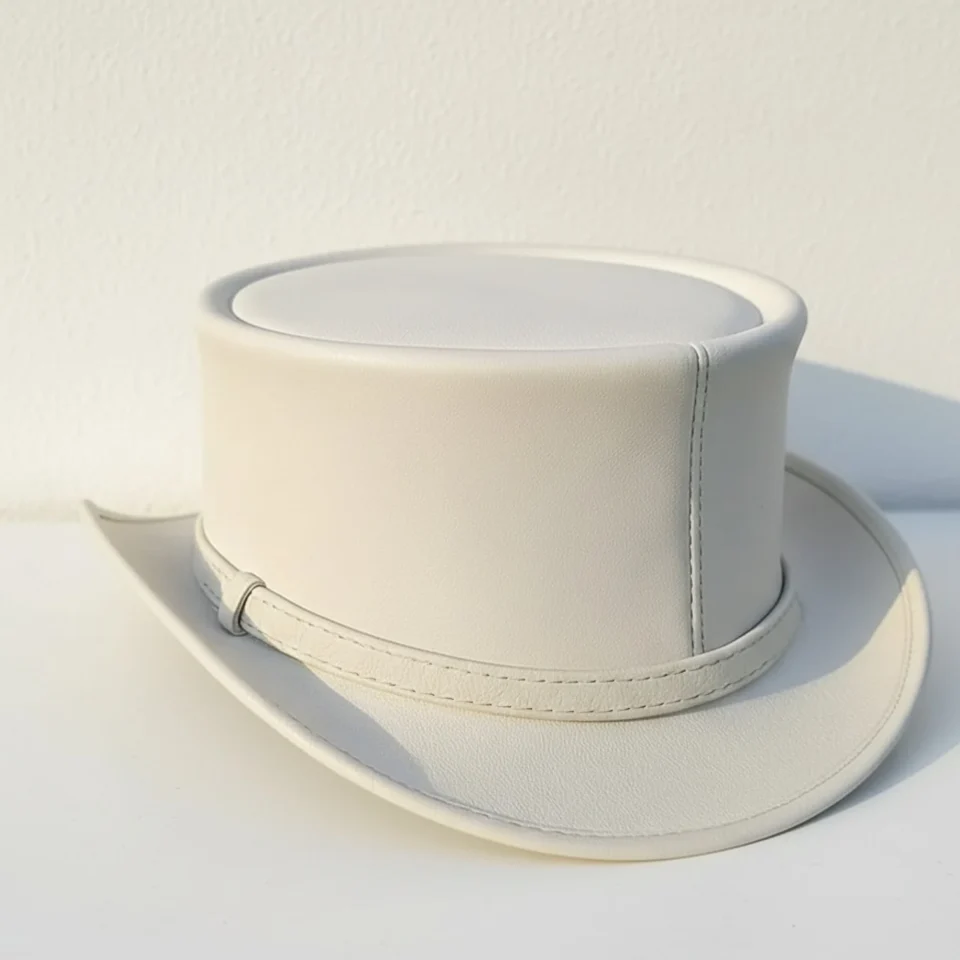 Light Neutral Handmade Leather Fashion Top Hat Style 009 back view - light neutral steampunk top hat with structured crown