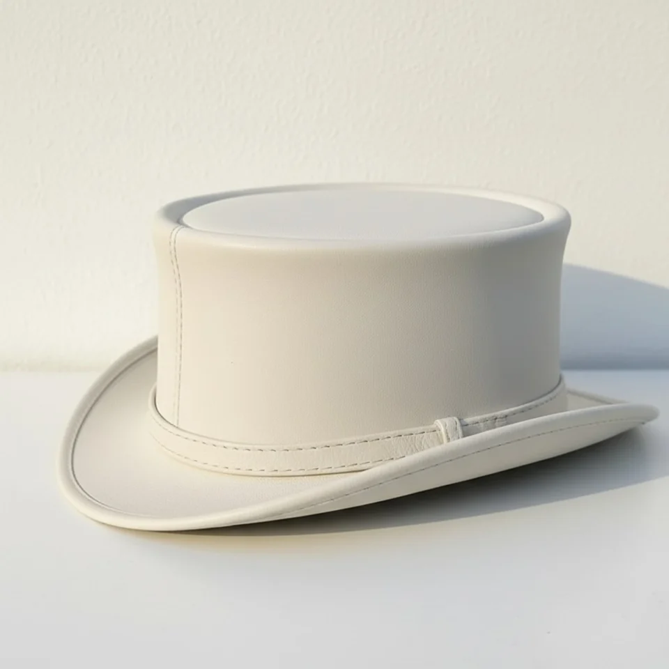 Light Neutral Handmade Leather Fashion Top Hat Style 009 front view - light neutral steampunk top hat with structured crown