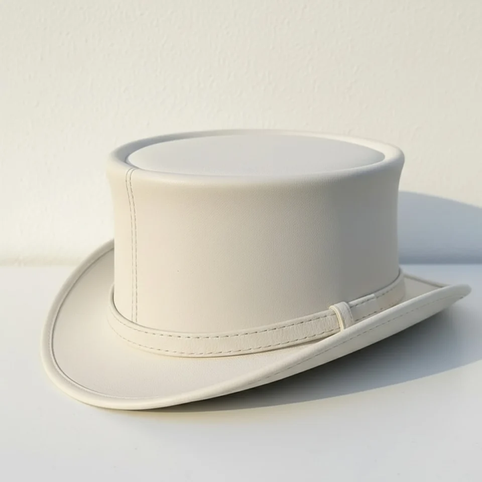 Light Neutral Handmade Leather Fashion Top Hat Style 009 side view - light neutral steampunk top hat with structured crown