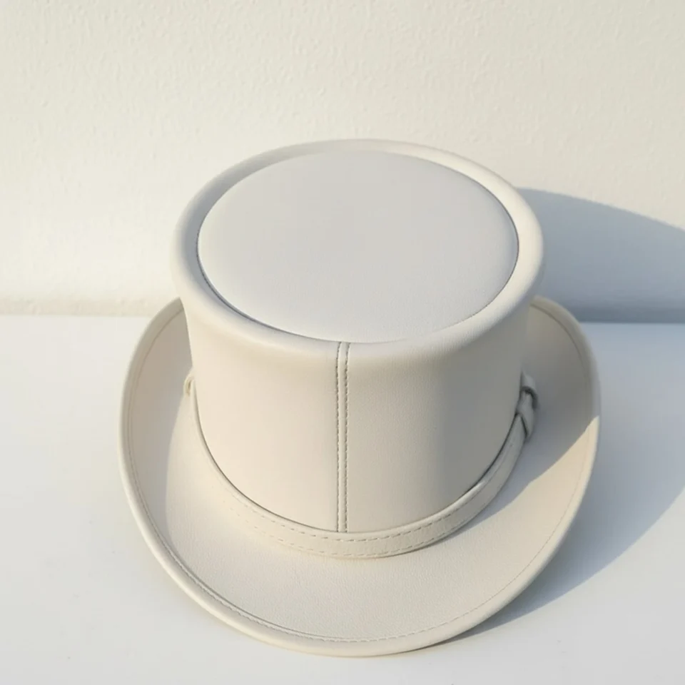 Light Neutral Handmade Leather Fashion Top Hat Style 009 three quarter view - light neutral steampunk top hat with structured crown