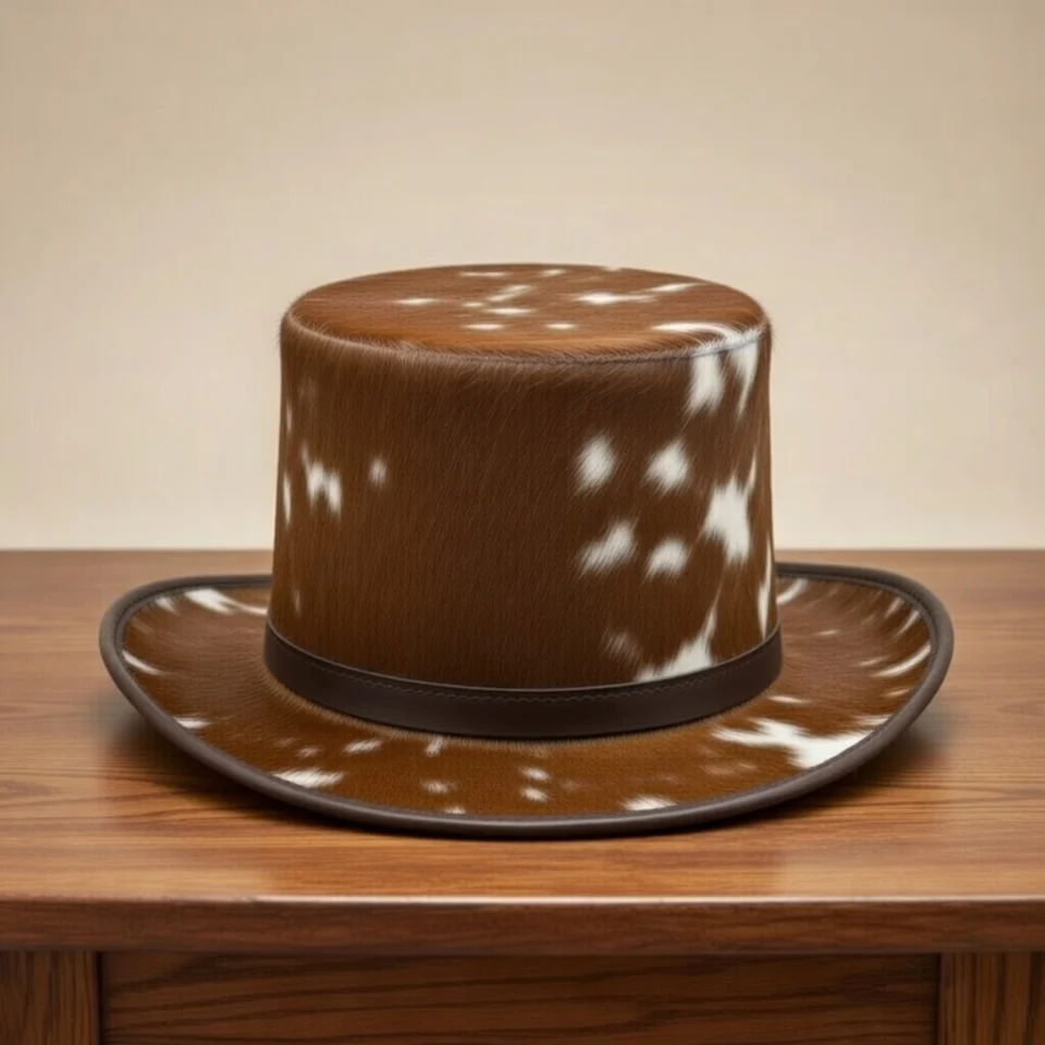 Light Neutral Handmade Leather Fashion Top Hat Style 012 side view - light neutral steampunk top hat with structured crown