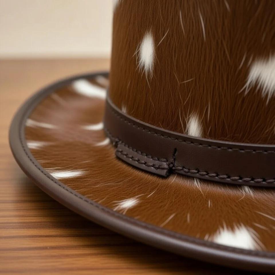 Light Neutral Handmade Leather Fashion Top Hat Style 012 three quarter view - light neutral steampunk top hat with structured crown