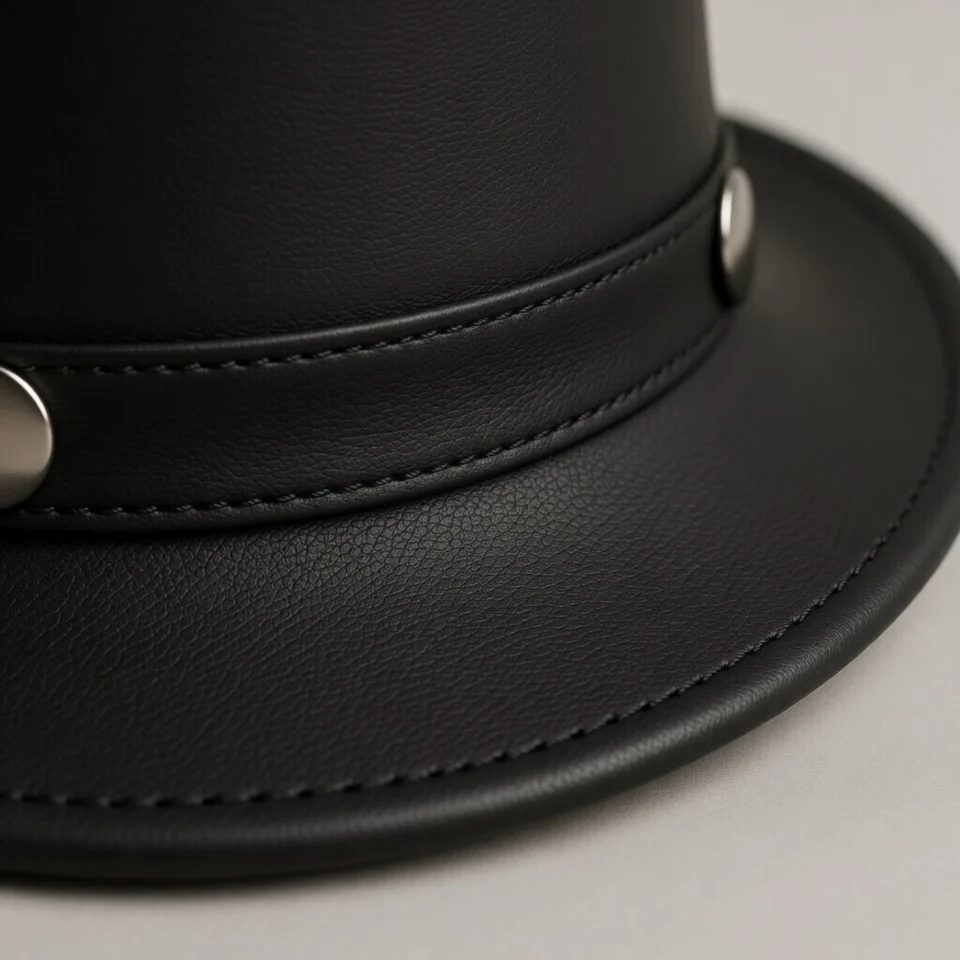 Light Neutral Handmade Leather Fashion Top Hat Style 015 back view - light neutral steampunk top hat with structured crown