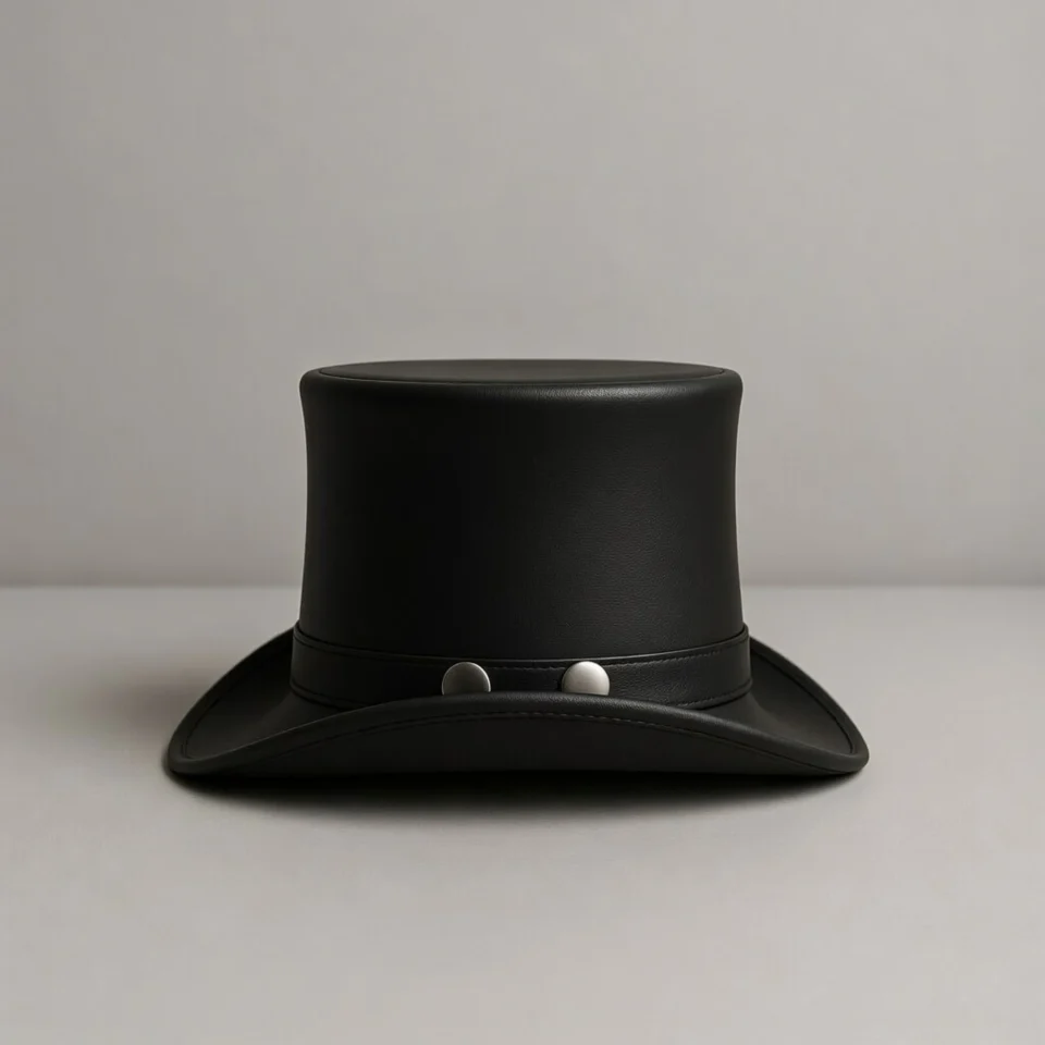 Light Neutral Handmade Leather Fashion Top Hat Style 015 side view - light neutral steampunk top hat with structured crown
