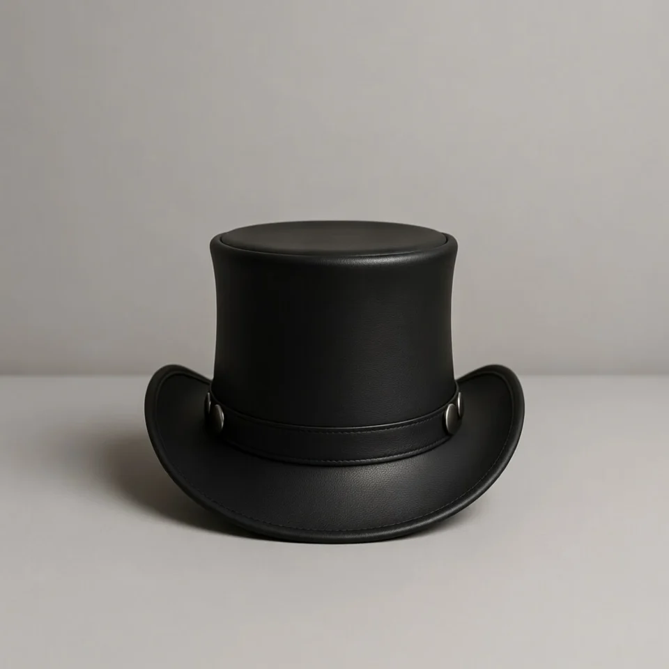 Light Neutral Handmade Leather Fashion Top Hat Style 015 three quarter view - light neutral steampunk top hat with structured crown