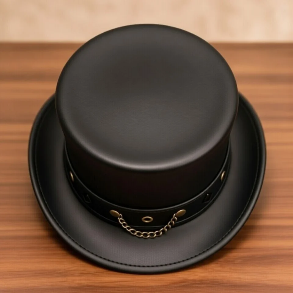 Light Neutral Handmade Leather Fashion Top Hat Style 018 back view - light neutral steampunk top hat with structured crown