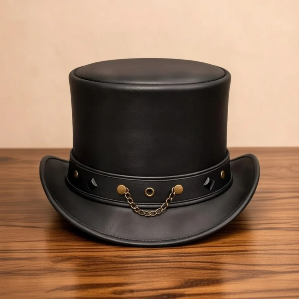Light Neutral Handmade Leather Fashion Top Hat Style 018 front view - light neutral steampunk top hat with structured crown