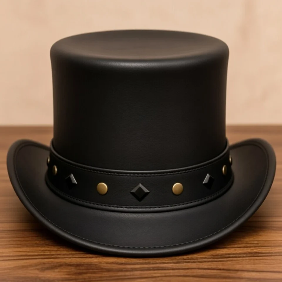 Light Neutral Handmade Leather Fashion Top Hat Style 018 side view - light neutral steampunk top hat with structured crown