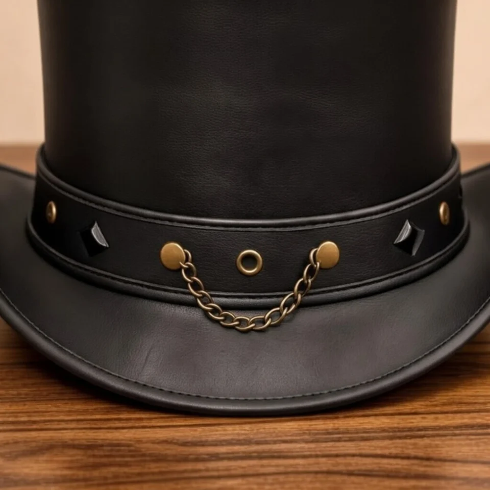 Light Neutral Handmade Leather Fashion Top Hat Style 018 three quarter view - light neutral steampunk top hat with structured crown