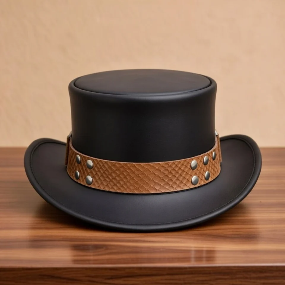 Light Neutral Handmade Leather Fashion Top Hat Style 021 back view - light neutral steampunk top hat with structured crown