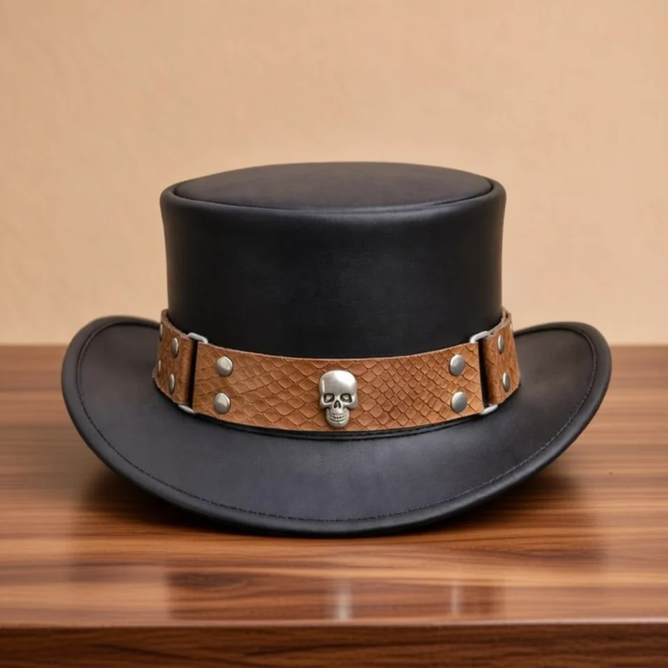 Light Neutral Handmade Leather Fashion Top Hat Style 021 front view - light neutral steampunk top hat with structured crown