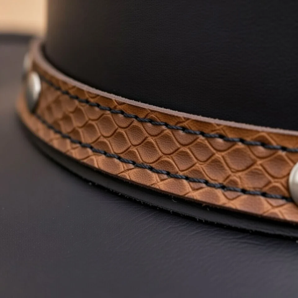 Light Neutral Handmade Leather Fashion Top Hat Style 021 side view - light neutral steampunk top hat with structured crown