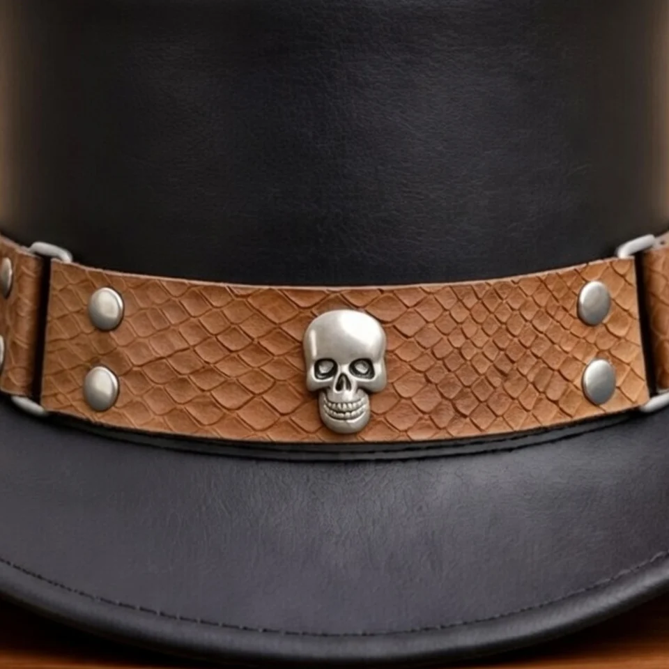 Light Neutral Handmade Leather Fashion Top Hat Style 021 three quarter view - light neutral steampunk top hat with structured crown