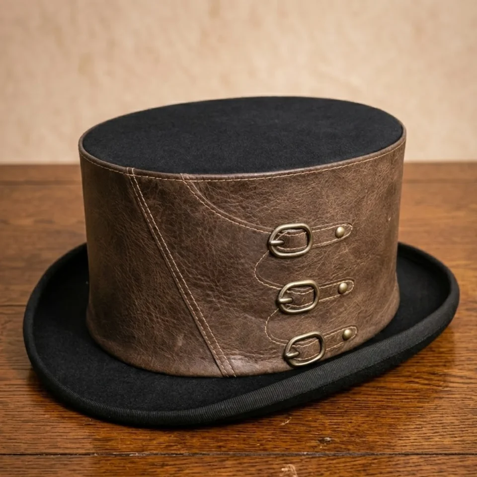 Light Neutral Handmade Leather Fashion Top Hat Style 024 front view - light neutral steampunk top hat with structured crown