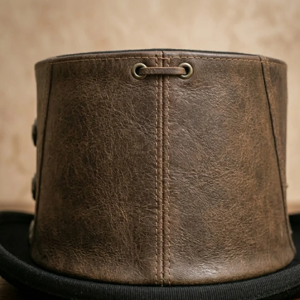 Light Neutral Handmade Leather Fashion Top Hat Style 024 side view - light neutral steampunk top hat with structured crown