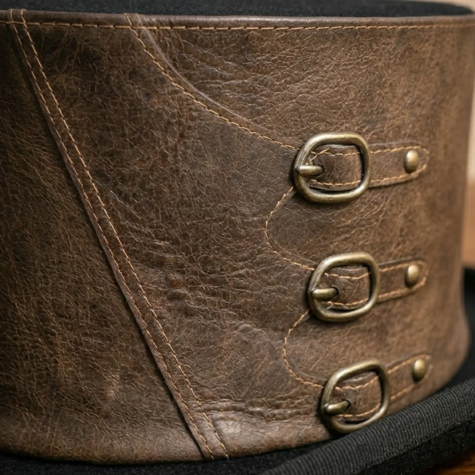 Light Neutral Handmade Leather Fashion Top Hat Style 024 three quarter view - light neutral steampunk top hat with structured crown