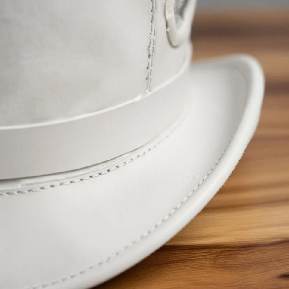 Light Neutral Handmade Leather Fashion Top Hat Style 033 back view - light neutral steampunk top hat with structured crown