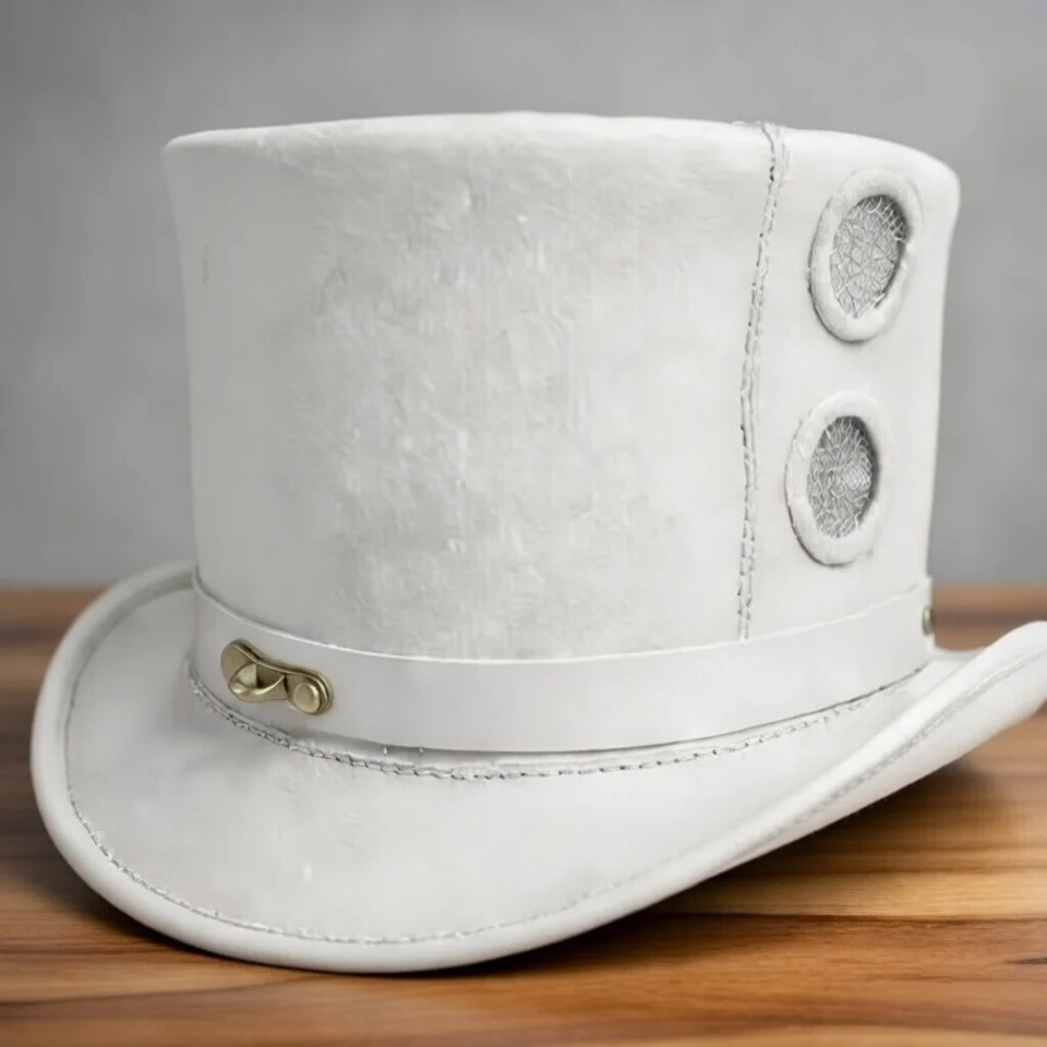 Light Neutral Handmade Leather Fashion Top Hat Style 033 front view - light neutral steampunk top hat with structured crown