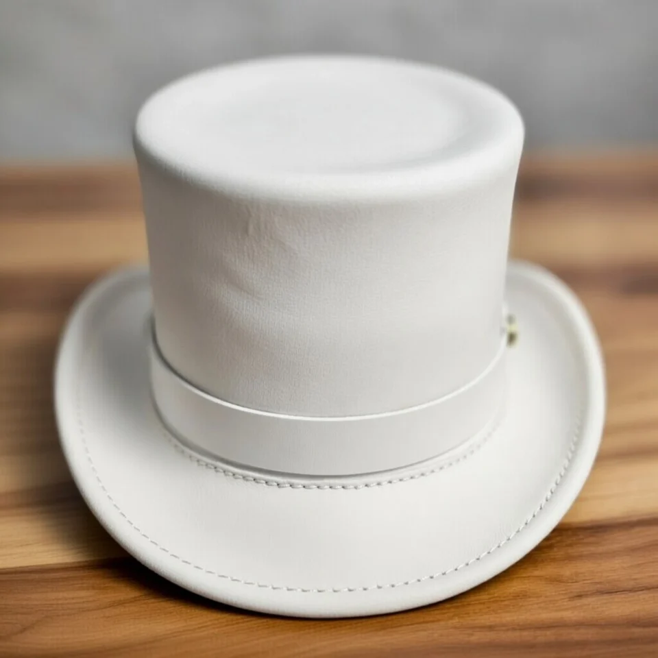 Light Neutral Handmade Leather Fashion Top Hat Style 033 gallery view 05 - light neutral steampunk top hat with structured crown