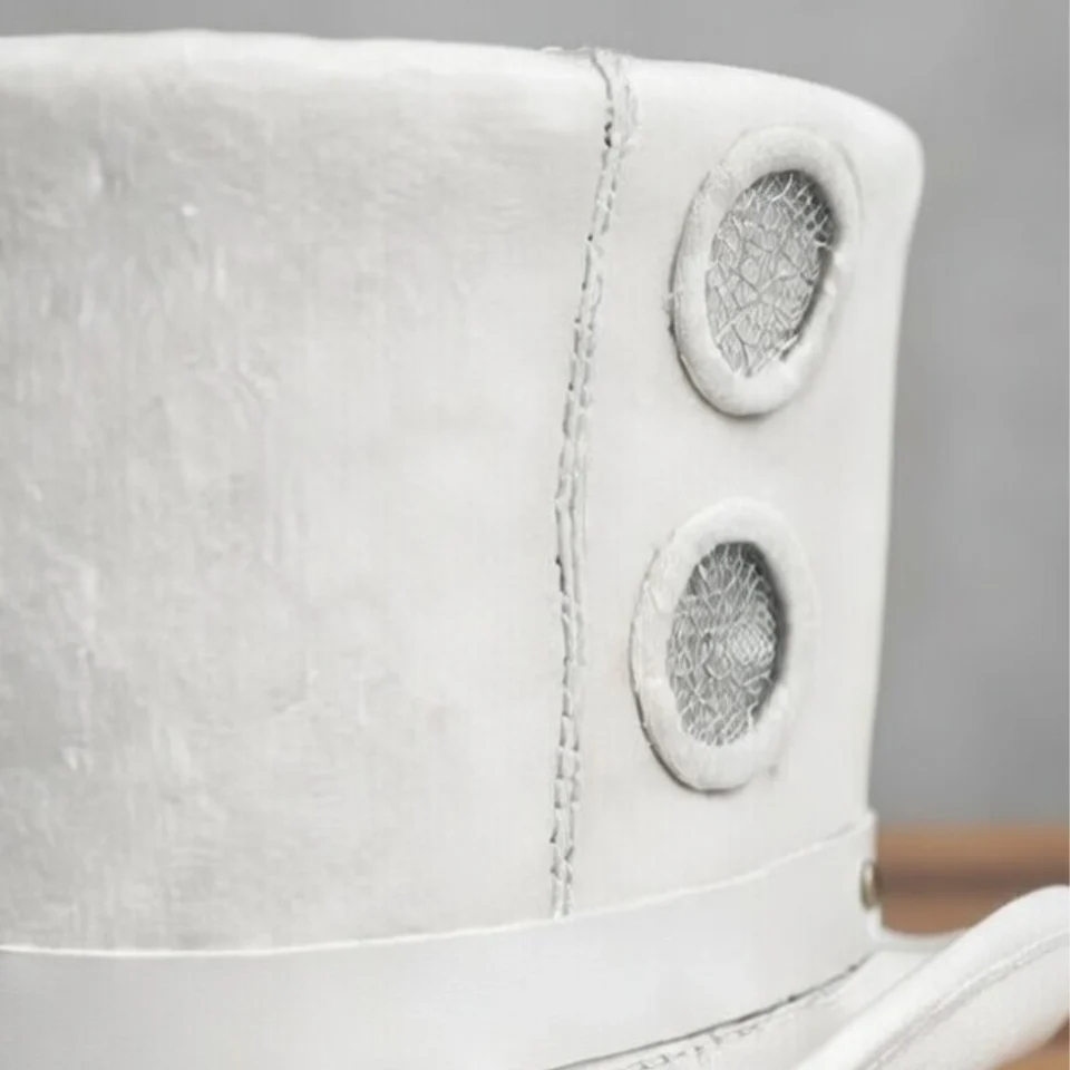 Light Neutral Handmade Leather Fashion Top Hat Style 033 side view - light neutral steampunk top hat with structured crown
