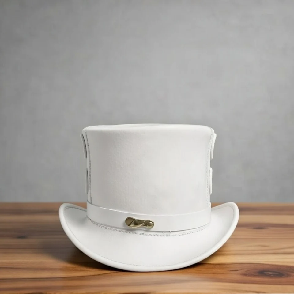 Light Neutral Handmade Leather Fashion Top Hat Style 033 three quarter view - light neutral steampunk top hat with structured crown