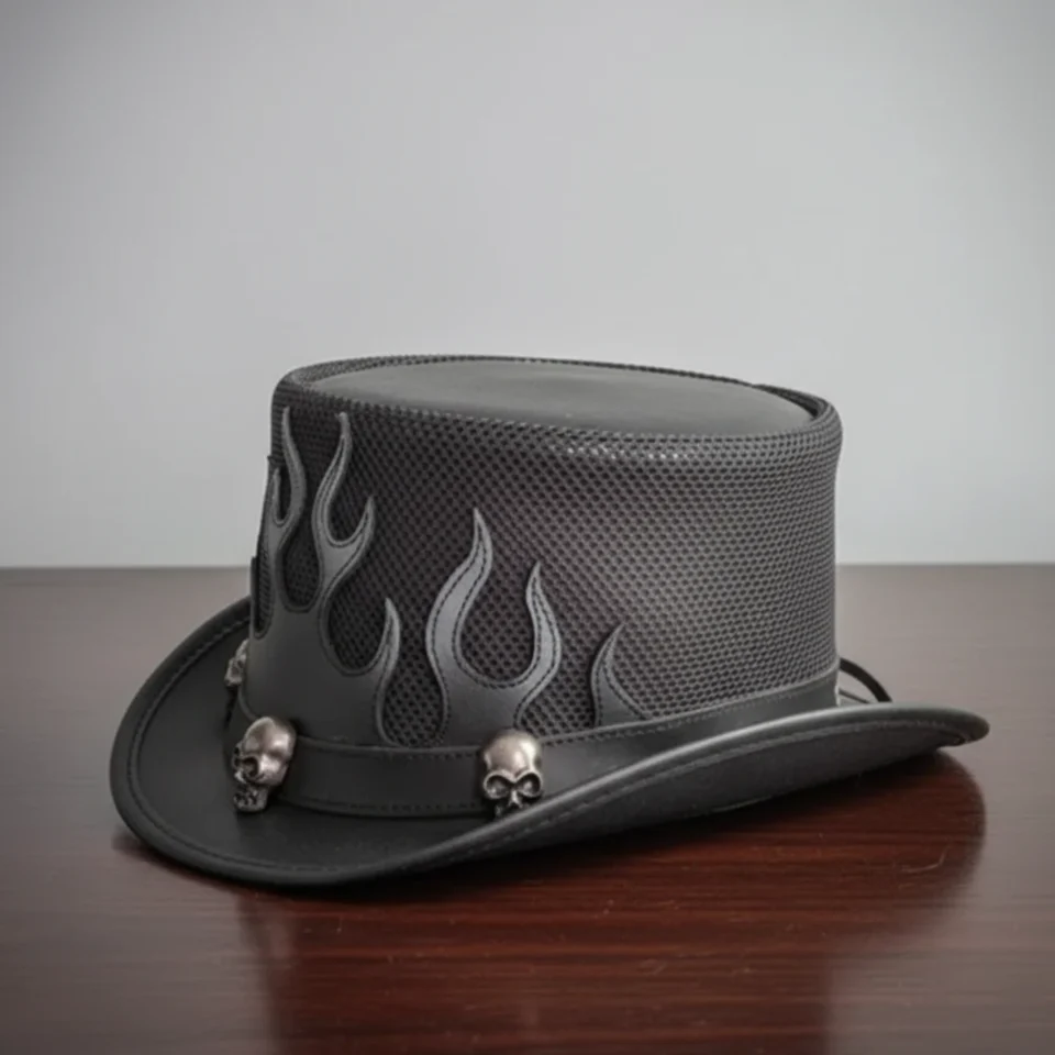 Light Neutral Handmade Leather Fashion Top Hat Style 036 front view - light neutral steampunk top hat with structured crown