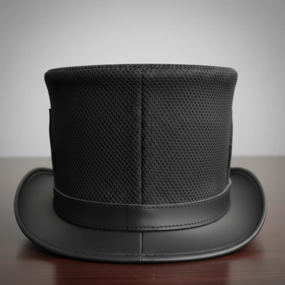 Light Neutral Handmade Leather Fashion Top Hat Style 036 side view - light neutral steampunk top hat with structured crown
