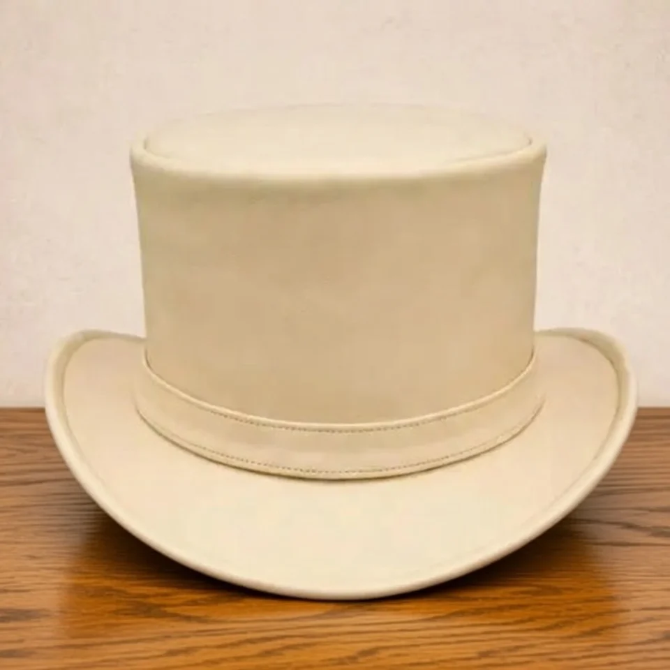 Light Neutral Handmade Leather Fashion Top Hat Style 054 front view - light neutral steampunk top hat with structured crown