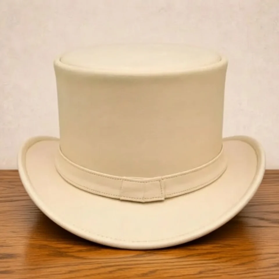 Light Neutral Handmade Leather Fashion Top Hat Style 054 side view - light neutral steampunk top hat with structured crown