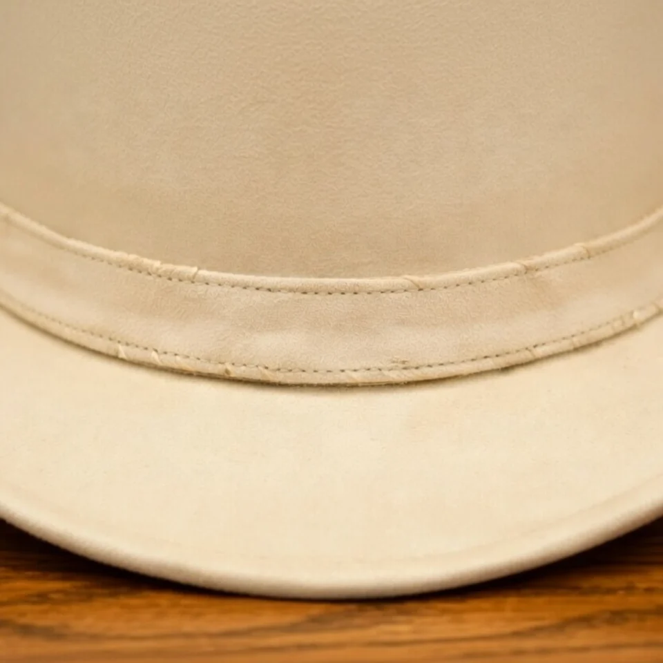 Light Neutral Handmade Leather Fashion Top Hat Style 054 three quarter view - light neutral steampunk top hat with structured crown