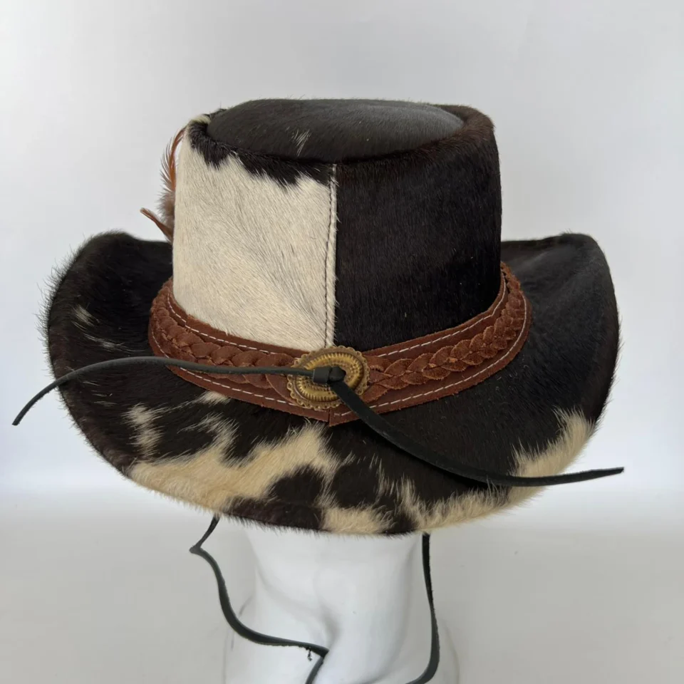 Light Neutral Handmade Leather Fashion Top Hat Style 093 back view - light neutral steampunk top hat with structured crown