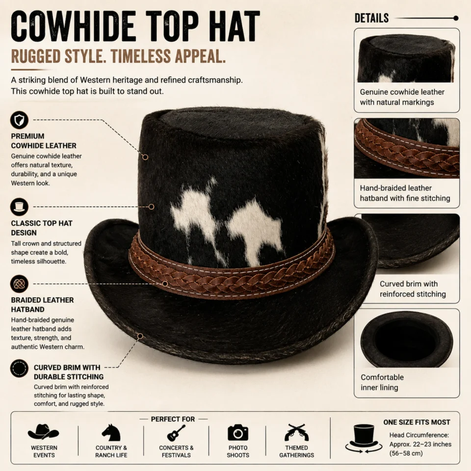 Light Neutral Handmade Leather Fashion Top Hat Style 093 three quarter view - light neutral steampunk top hat with structured crown