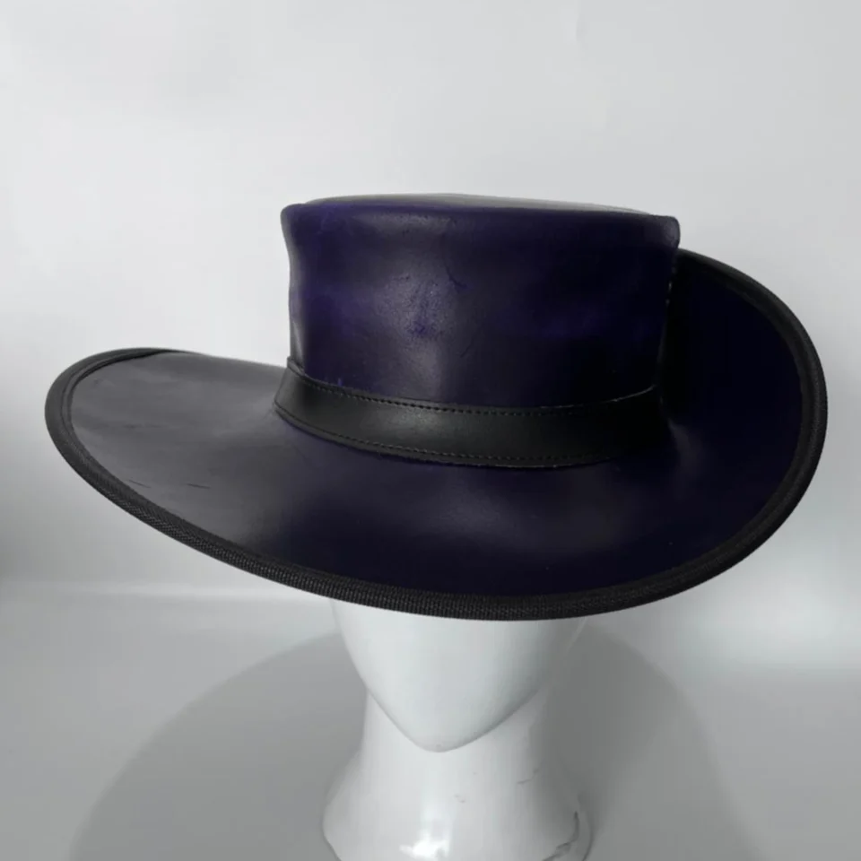Light Neutral Handmade Leather Fashion Top Hat Style 099 back view - light neutral steampunk top hat with structured crown