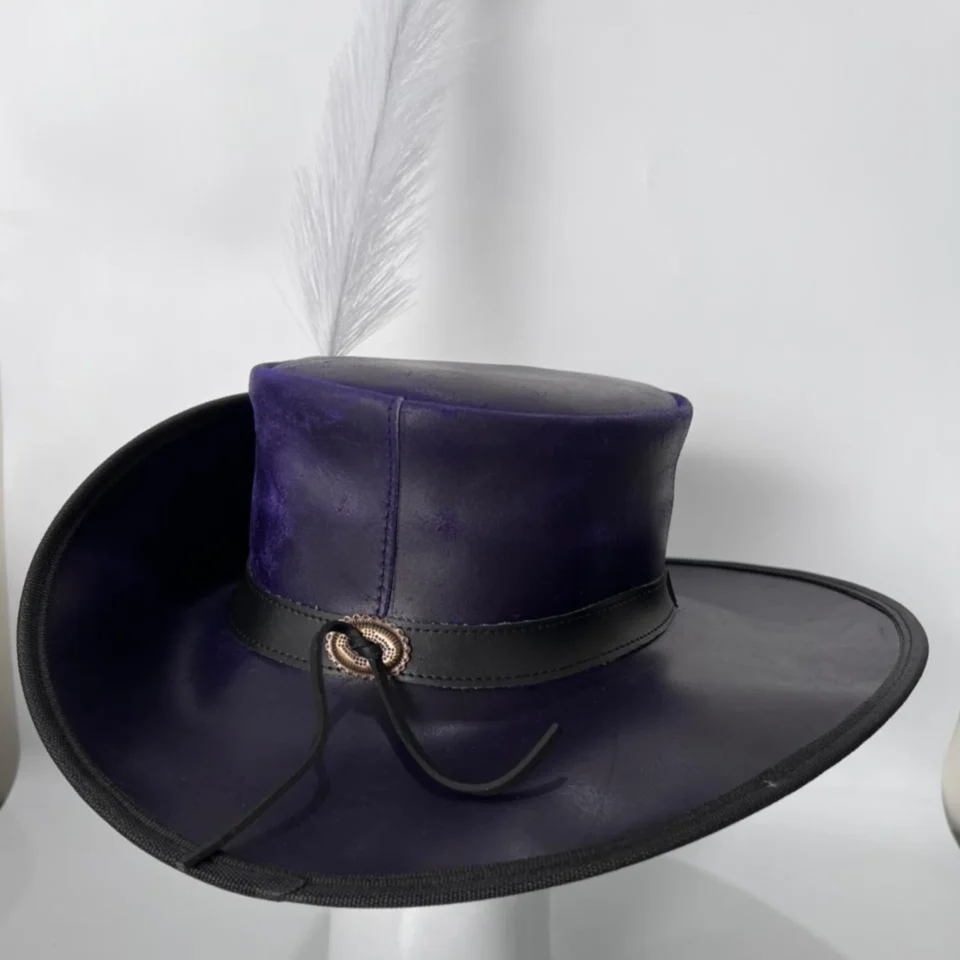 Light Neutral Handmade Leather Fashion Top Hat Style 099 side view - light neutral steampunk top hat with structured crown