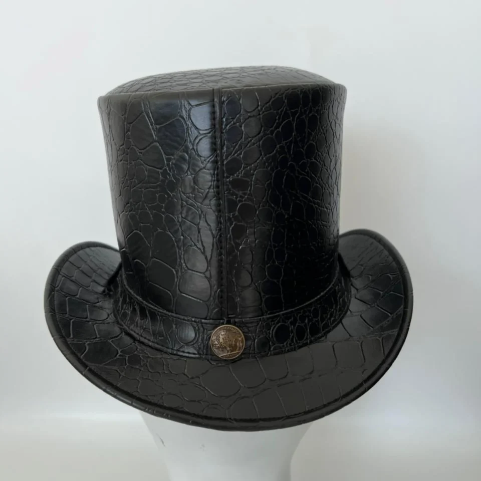 Light Neutral Handmade Leather Fashion Top Hat Style 111 back view - light neutral steampunk top hat with structured crown