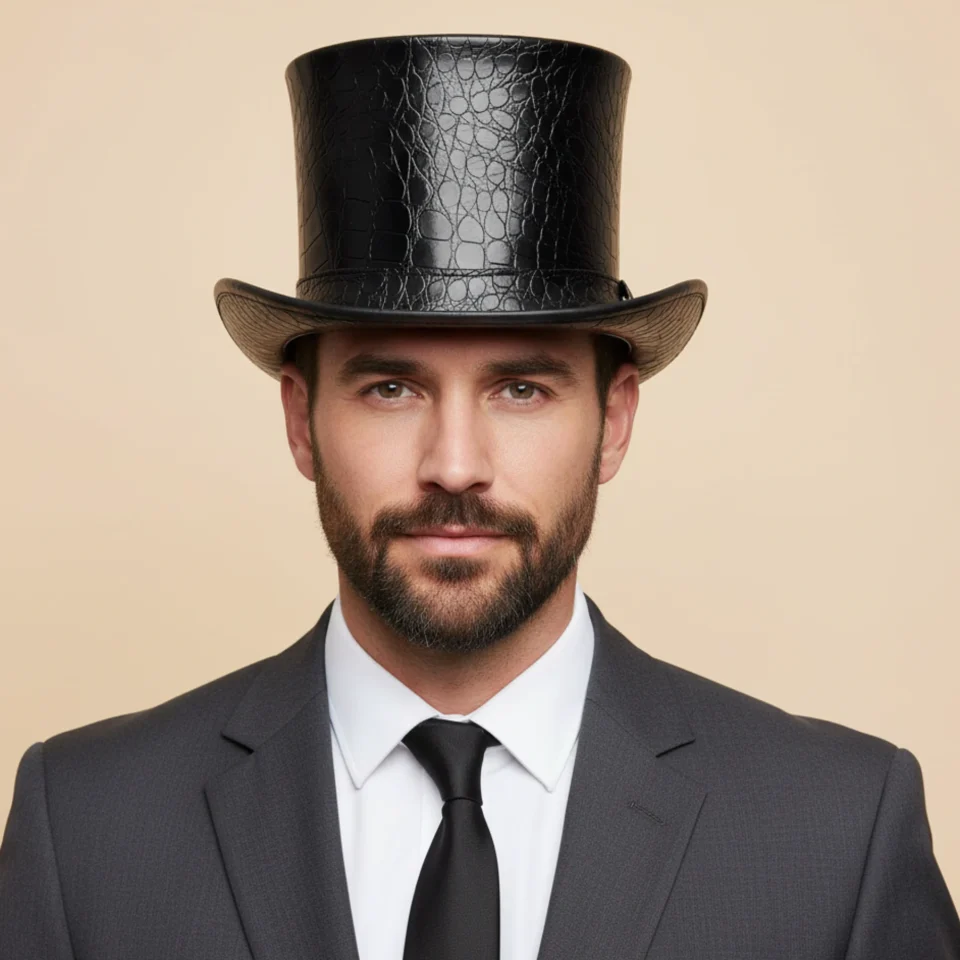 Light Neutral Handmade Leather Fashion Top Hat Style 111 front view - light neutral steampunk top hat with structured crown