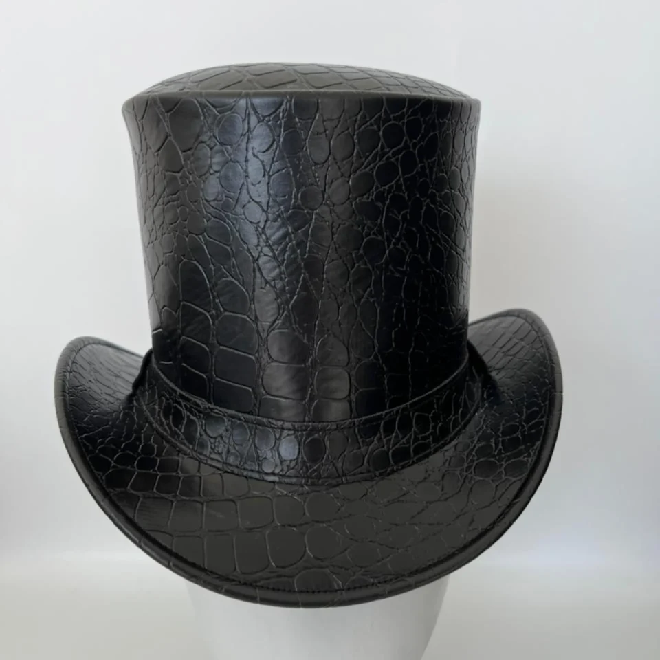 Light Neutral Handmade Leather Fashion Top Hat Style 111 side view - light neutral steampunk top hat with structured crown