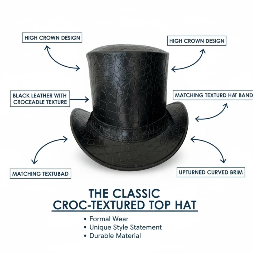 Light Neutral Handmade Leather Fashion Top Hat Style 111 three quarter view - light neutral steampunk top hat with structured crown