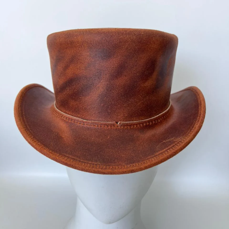 Light Neutral Handmade Leather Fashion Top Hat Style 114 back view - light neutral steampunk top hat with structured crown