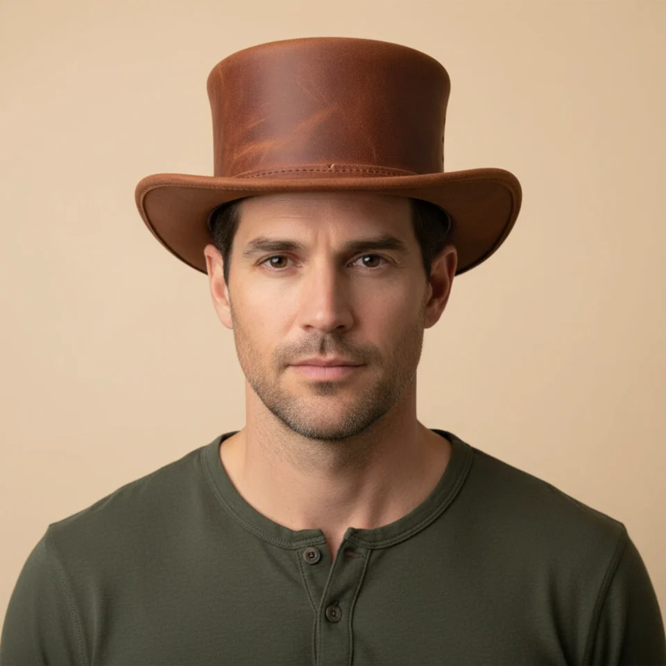 Light Neutral Handmade Leather Fashion Top Hat Style 114 front view - light neutral steampunk top hat with structured crown