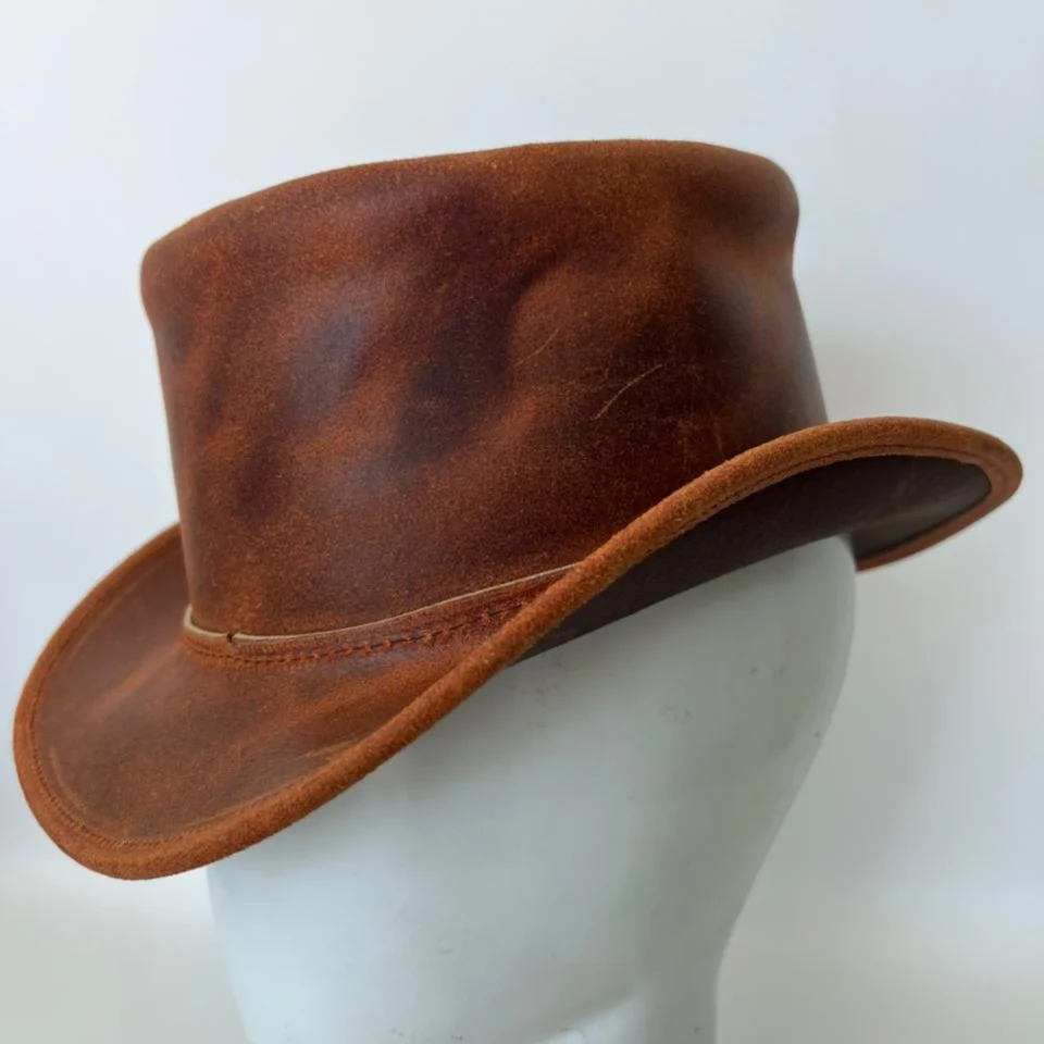 Light Neutral Handmade Leather Fashion Top Hat Style 114 gallery view 05 - light neutral steampunk top hat with structured crown